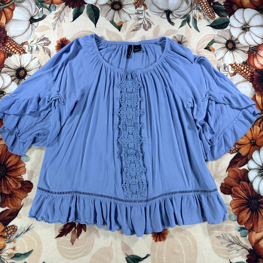 New Directions Womens Blue Boho Crochet Trim Bell Sleeve Peasant Blouse Size L